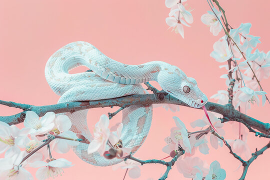 Surreal white snake on pink blooming branch. Generative AI image