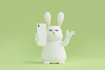 Bunny character with sunglasses holding a smartphone. Generative AI image