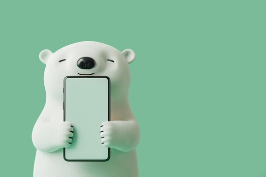 Polar bear cartoon hugging a blank mobile phone screen. Generative AI image
