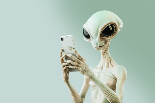 Alien character using a smartphone on a light background. Generative AI image