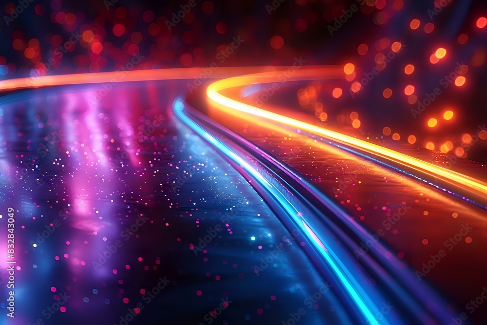 Poster dynamic abstract background featuring colorful neon light trails and bokeh effects, perfect for tech