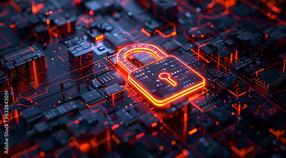 Poster futuristic digital security concept with glowing lock icon on a circuit board, ideal for technology 