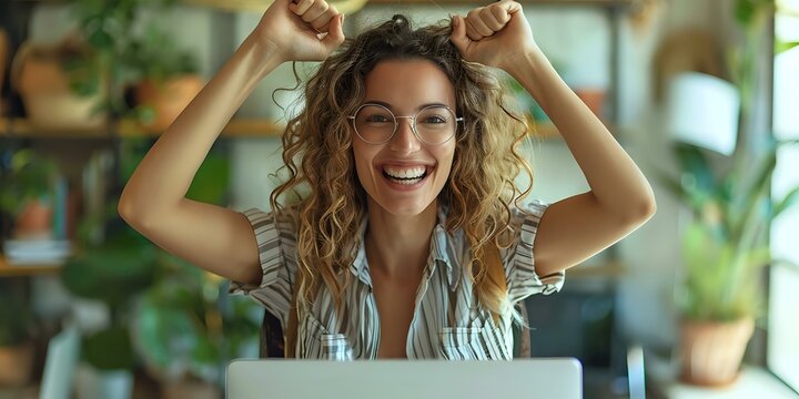 Happy woman celebrating success at her laptop in a cozy home office filled with plants, perfect for content related to remote work, productivity, and positive work environments.