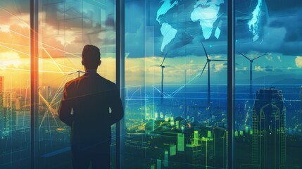 Fototapeta premium A man stands in front of a window with windmills visible in the background.