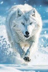 Obraz premium Majestic white wolf gracefully wandering through serene and picturesque winter wonderland