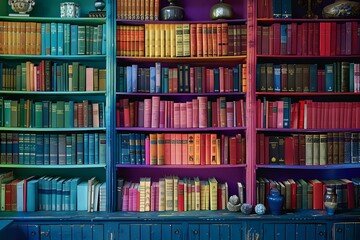 Colorful bookshelf filled with vintage books, perfect for literary blogs, library promotions, and educational materials.
