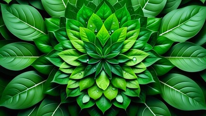 symmetrical mandala-like arrangement of green leaves, water droplets on them. concepts: environmental campaigns or websites promoting sustainability, natural eco-friendly products or organic food.
