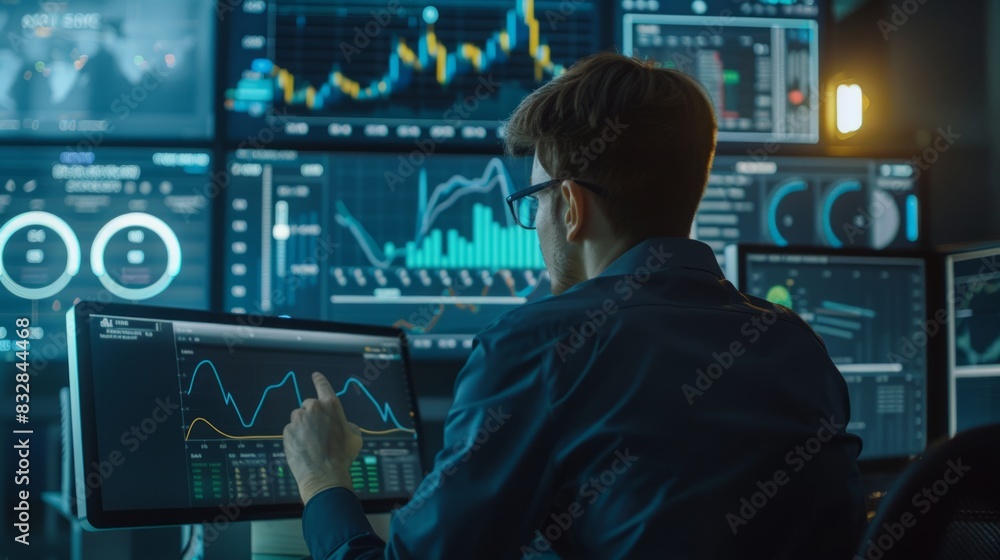 Poster a man is seated in front of a computer monitor, focused on the screen with hands on the keyboard.