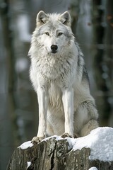 Obraz premium Graceful white wolf wandering through serene snowy landscape in a captivating scene