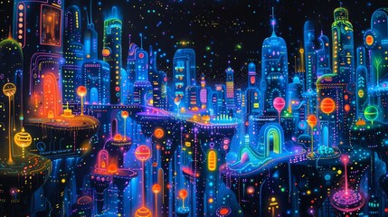 Obraz premium Sci-fi City, Colorful futuristic city with glowing elements, Fantasy landscape