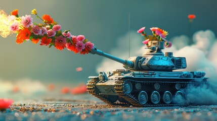 Fototapeta premium Toy tank fires a bouquet of flowers. Peace concept background 3D Rendering