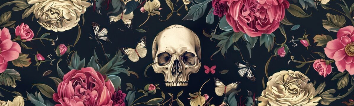 Vintage floral seamless wallpaper with skulls, peonies, butterflies. Dark botanical background. Repeating pattern for design of fabric, paper, wallpaper, canvas. Hand drawn 3d illustration