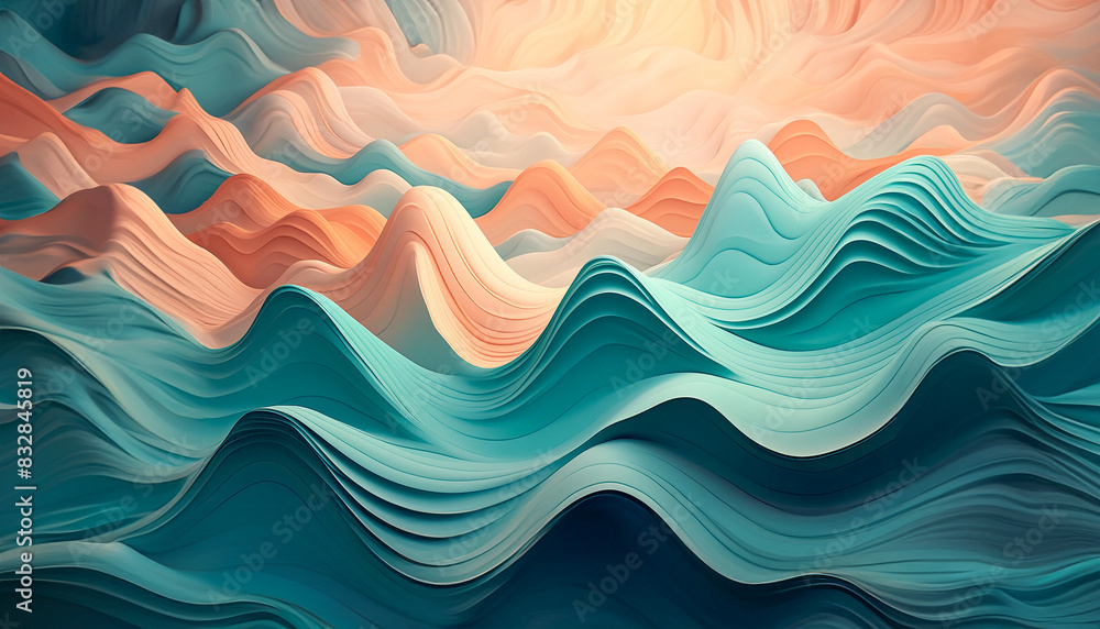 Poster detailed view of a wave-like pattern created by layered gradient turquoise and peach color paper she