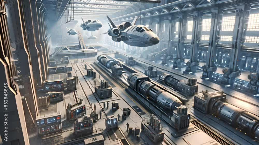 Aufkleber a modern industrial complex with futuristic architecture, surrounded by spaceships soaring through t