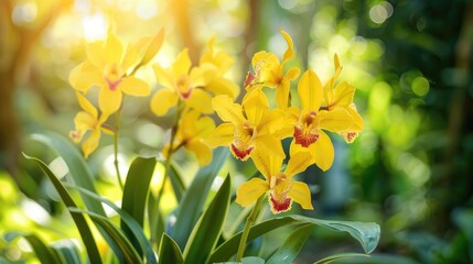 Yellow orchids in full bloom in the garden with a natural backdrop