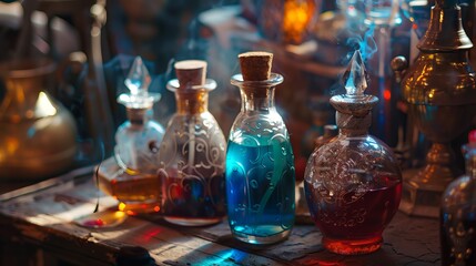 Mystical potion bottles, filled with magic elixir. Ancient flasks with healing potions. Vintage perfume containers with an enchanting touch.