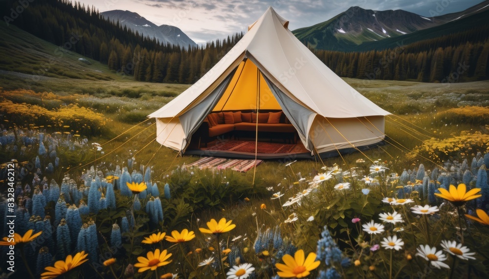 Poster a single canvas tent stands in a wildflower meadow with a backdrop of distant mountains, an idyllic 