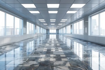 Empty big office interior. Modern spacious empty light hall room with big windows. ceramic tiles on the floor and lights. Generative AI 