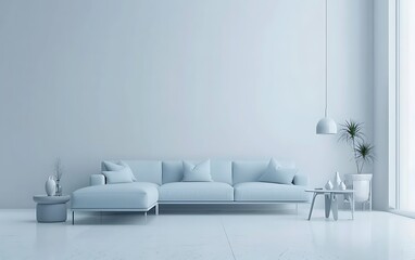 Modern interior design of living room with light blue sofa and white wall background, in the style of light blue sofa and white wall background