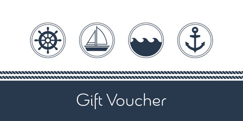 Gift Voucher - Schriftzug in englischer Sprache - Geschenkgutschein. Maritime Karte mit Anker, Segelboot, Steuerrad und Wellen. © Artlanes