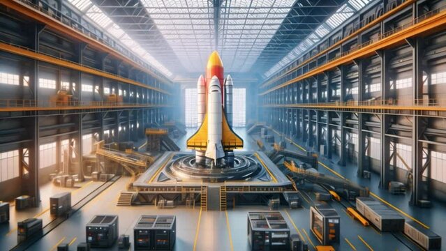 A space shuttle is being constructed inside a busy factory with workers and machinery.