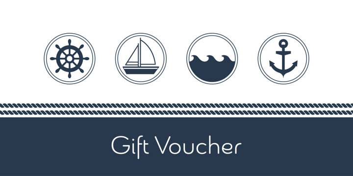 Gift Voucher - Schriftzug in englischer Sprache - Geschenkgutschein. Maritime Karte mit Anker, Segelboot, Steuerrad und Wellen.
