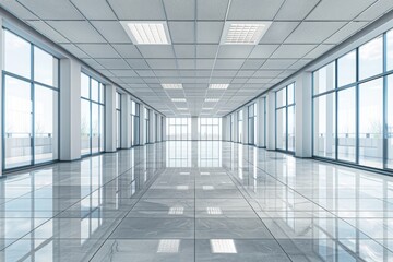 Empty big office interior. Modern spacious empty light hall room with big windows. ceramic tiles on the floor and lights. Generative AI 