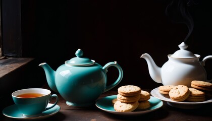 A sophisticated tea service with a teal teapot, white cups, and cookies on a dark wooden table, suggesting a tranquil break.. AI Generation