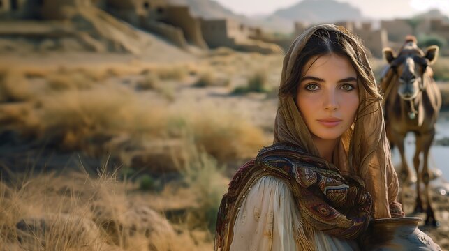 Woman with the reins of a camel, she is Rebekah wife of Isaac son of Abraham and mother of Jacob	
