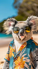 A koala in sunglasses and a Hawaiian shirt enjoying a sunny beach day.