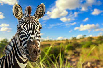 Fototapeta premium zebra's head with blue sky and savanna background.
