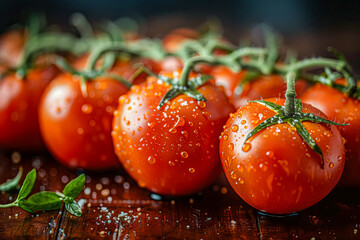 ripe red tomatoes on the vine with water droplets. - Powered by Adobe