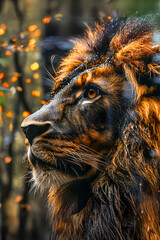 Majestic lion with wet mane, gazing intently.