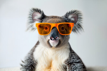 Fototapeta premium Koala wearing orange sunglasses, white background.