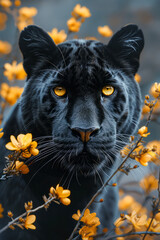 Black panther amidst yellow flowers, intense gaze.