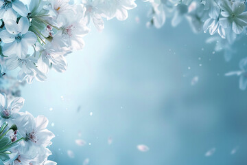 Floral winter illustration with blue snowflakes and blossoms background