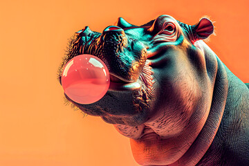 A hippo blowing a bubblegum bubble on an orange background.