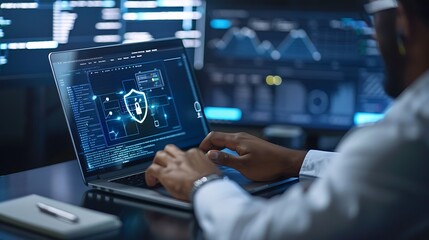 African American man working on laptop in dark room with digital shield on screen
