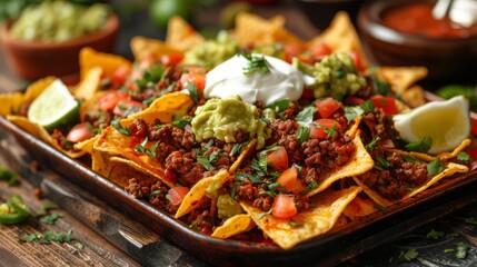 game day nachos, a platter of spicy nachos with ground beef, guacamole, and sour cream makes a tasty game day snack that will leave you wanting more