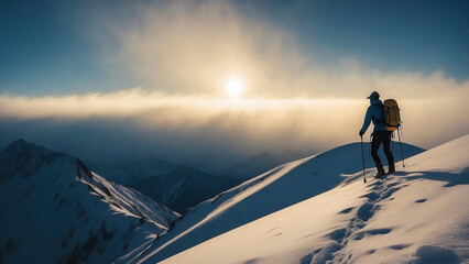 An adult man, alone, observes a snowy mountain in the middle of a heavy snowstorm. Concept of winter adventure challenge, with the hiker equipped for the cold weather.