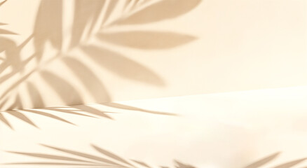 Minimal Background with Tropical Leaf Shadows. Neutral Beige Display Podium. Summer Product Mockup Concept.