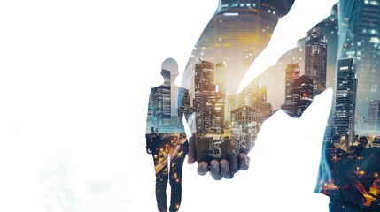 double exposure of group business people holding hands with cityscape background, close up shoot on...