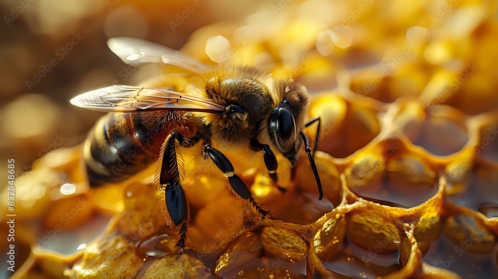 Poster close-up of a honeybee on a honeycomb, capturing the intricate details of the bee and the honey. ide