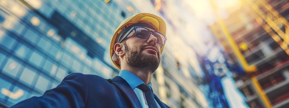 Young handsome architect smart Bim Manager, wearing a suite, half body, digital glasses, with construccion helmet, contruction building behind
