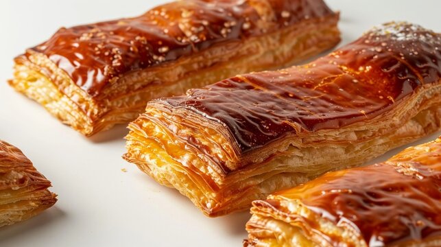 Rench Kouignamann with a golden and flaky layer of caramel is laid out on a clean white surface.