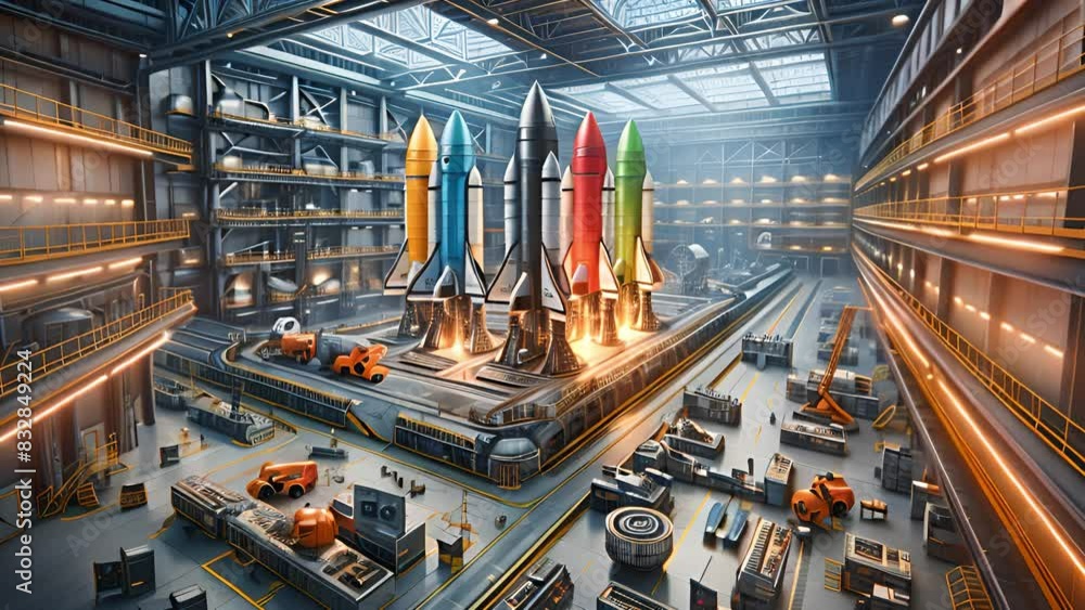 Leinwandbilder Engineers and technicians work on constructing multiple rockets in a large, modern factory with advanced equipment and technology during the daytime.
