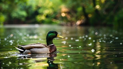 Obraz premium A male wild duck is swimming in a pond
