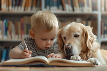 Reading therapy with a dog for children with disabilities and developmental differences. A little boy reads to a guide dog. The dog helps the child learn to read.