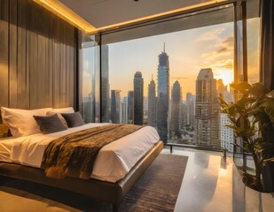 Modern and contemporary bedroom with views of the financial district of the city