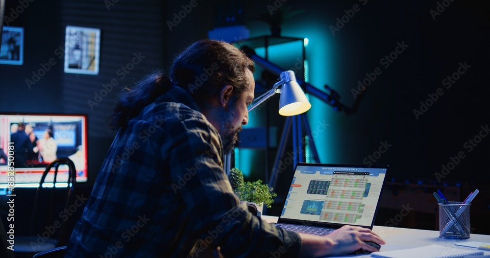 Poster self employed man checking statistical data financial graphs on laptop screen, researching insights.